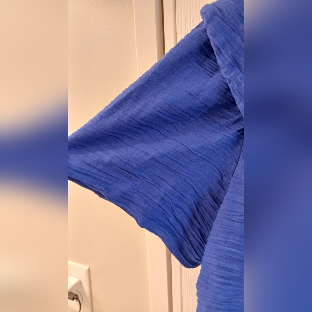 Alex Evenings Royal Blue Textured Short Sleeve Blouse with Brooch Accent - Picture 6 of 11